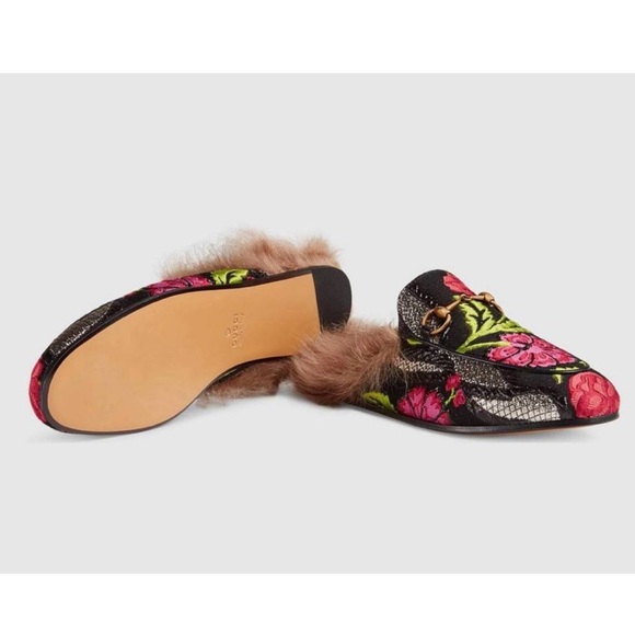 New Gucci Princetown fur Tapestry Brocade Fur Floral slippers flats - Picture 4 of 11